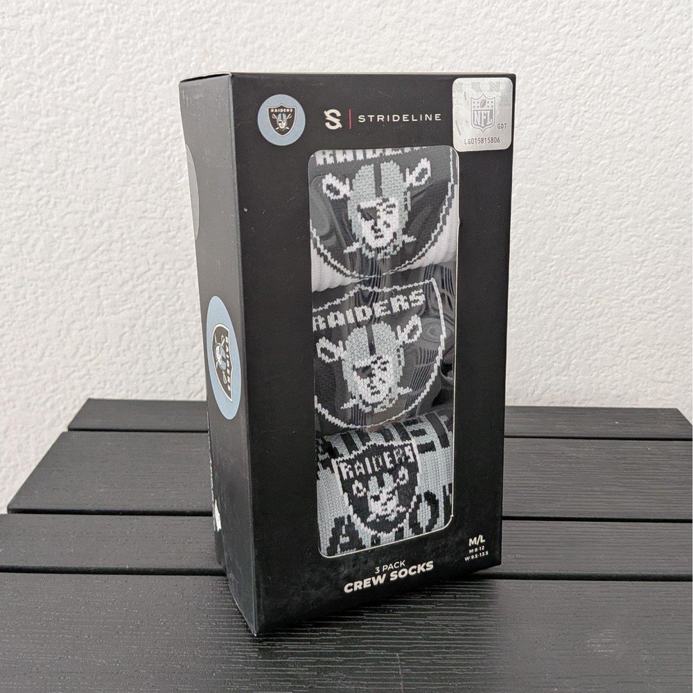 New Strideline NFL Las Vegas Raiders Premium Knit Crew Socks 3-Pack Box M/L